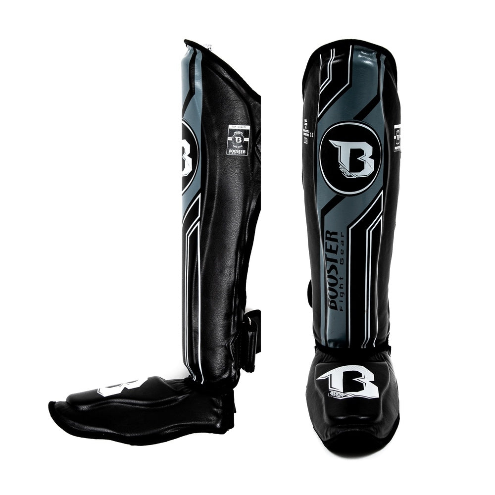 Detail der schwarzen und grauen Designelemente der BSG V9 Schienbeinschoner für Frauen