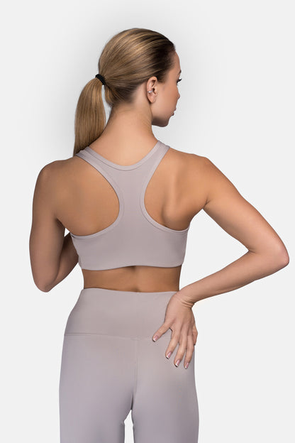 Rückansicht des WARDOUR Frauen Sport-BHs in Grau, der volle Bewegungsfreiheit zeigt