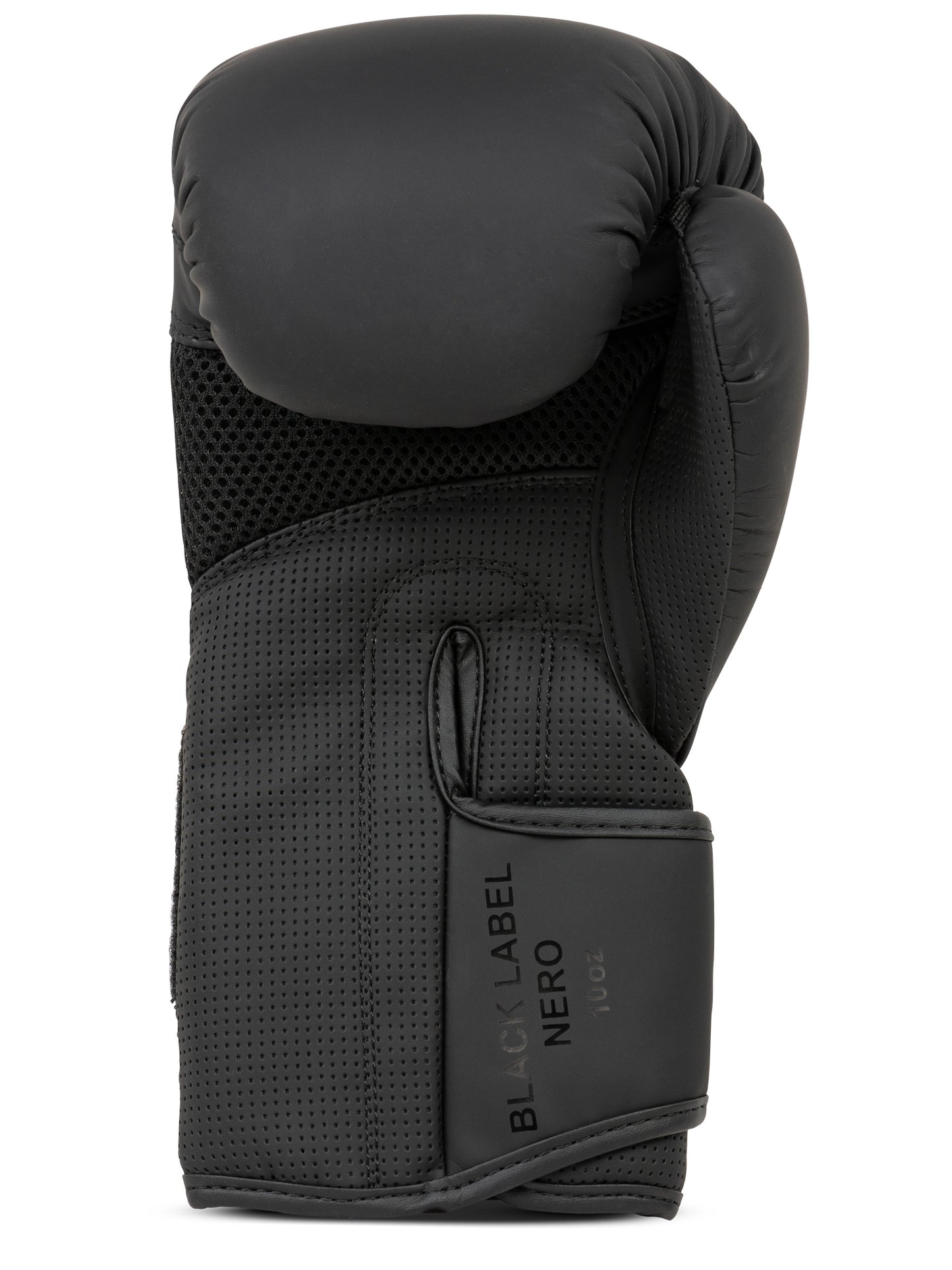 Rückansicht der NERO Boxhandschuhe (Schwarz) mit Fokus auf den Handgelenkverschluss