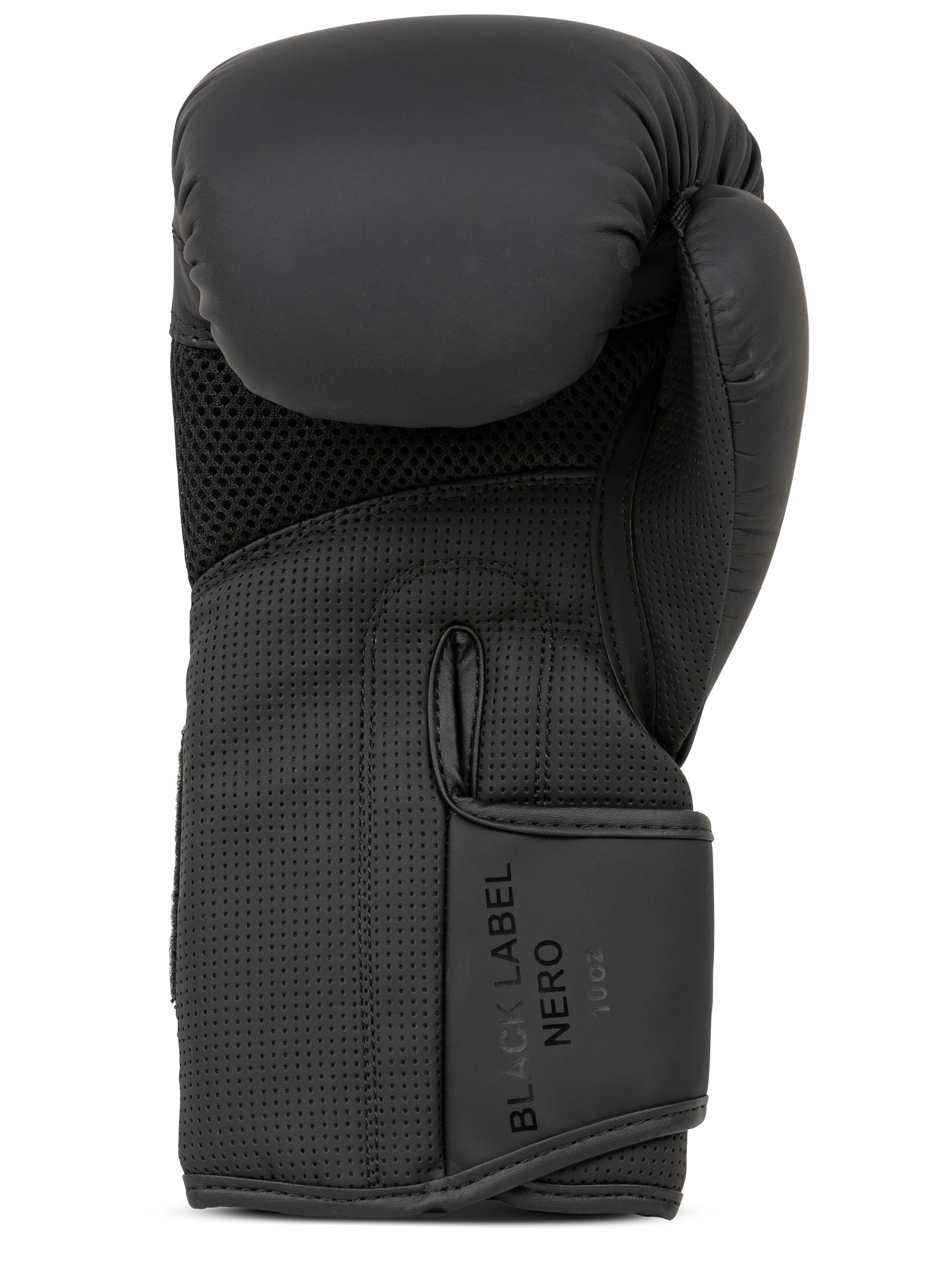 Rückansicht der NERO Boxhandschuhe (Schwarz) mit Fokus auf den Handgelenkverschluss
