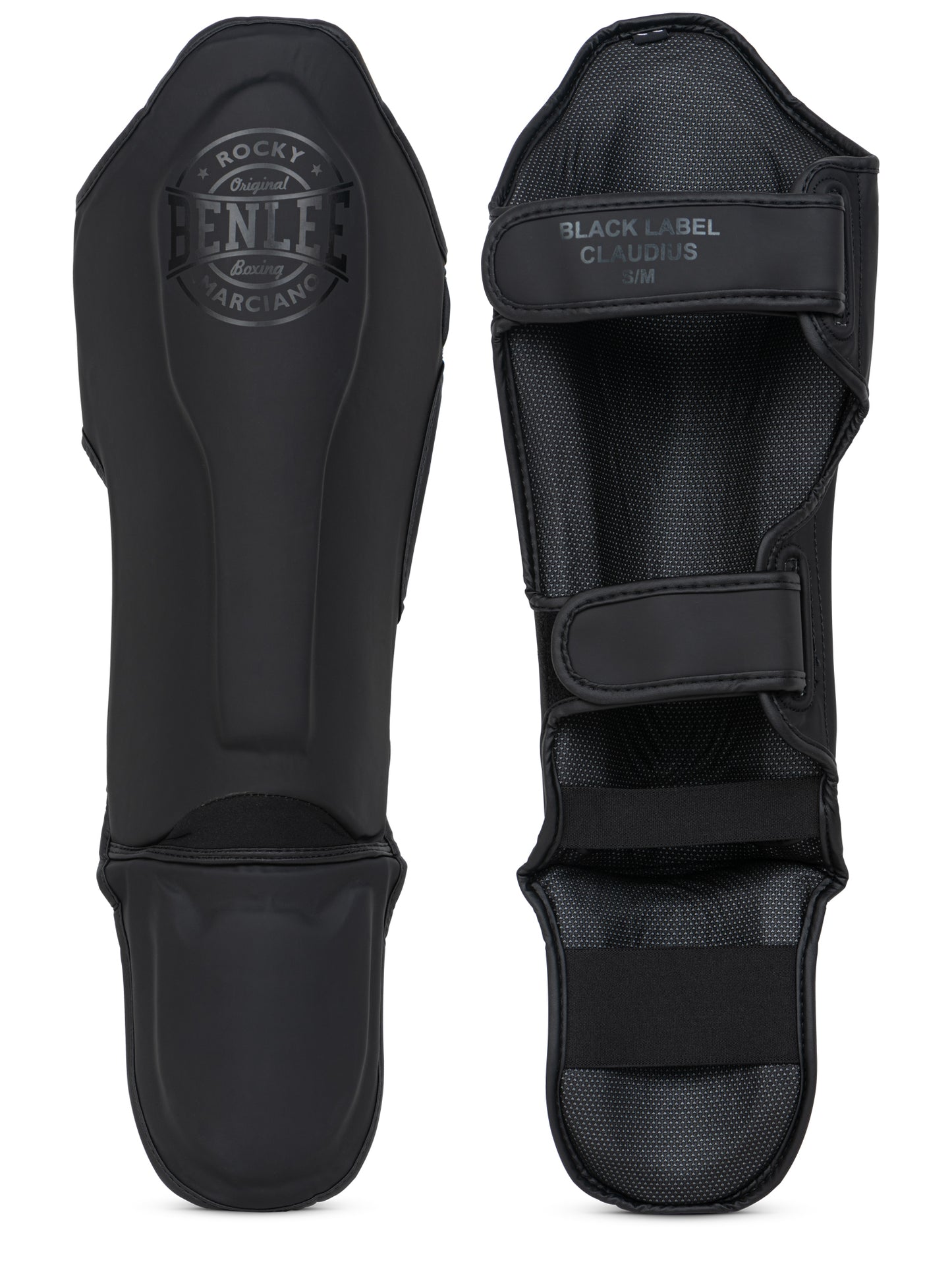 CLAUDIUS Damen Schienbeinschoner in Schwarz, mattes Kunstleder, Ansicht vorne und hinten