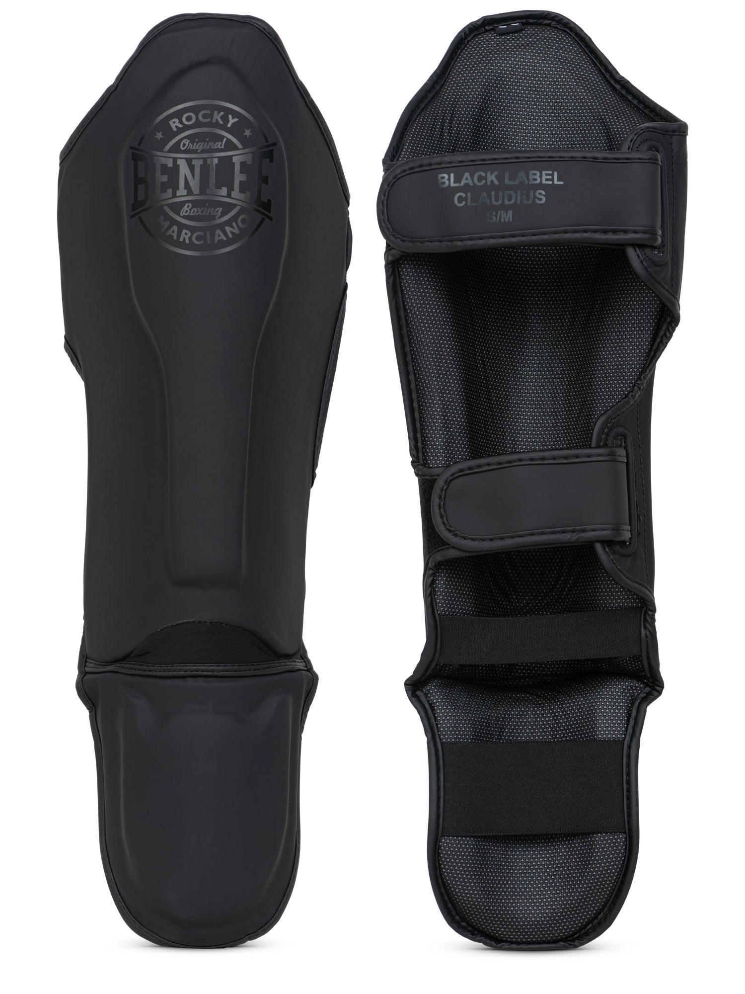 CLAUDIUS Damen Schienbeinschoner in Schwarz, mattes Kunstleder, Ansicht vorne und hinten