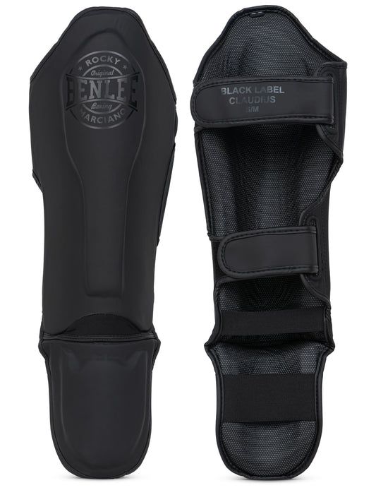 CLAUDIUS Damen Schienbeinschoner in Schwarz, mattes Kunstleder, Ansicht vorne und hinten