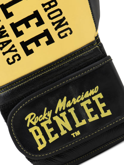 Leder Boxhandschuhe Gelb/Schwarz, die den breiten Klettverschluss zur Handgelenk-Stabilisierung zeigen