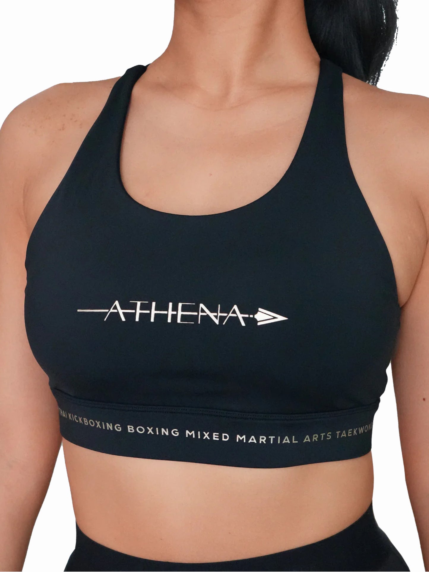 Thessalia v2.0 Damen Sport-BH in Schwarz, Ansicht vorne, hoher Ausschnitt für Sparring Schutz