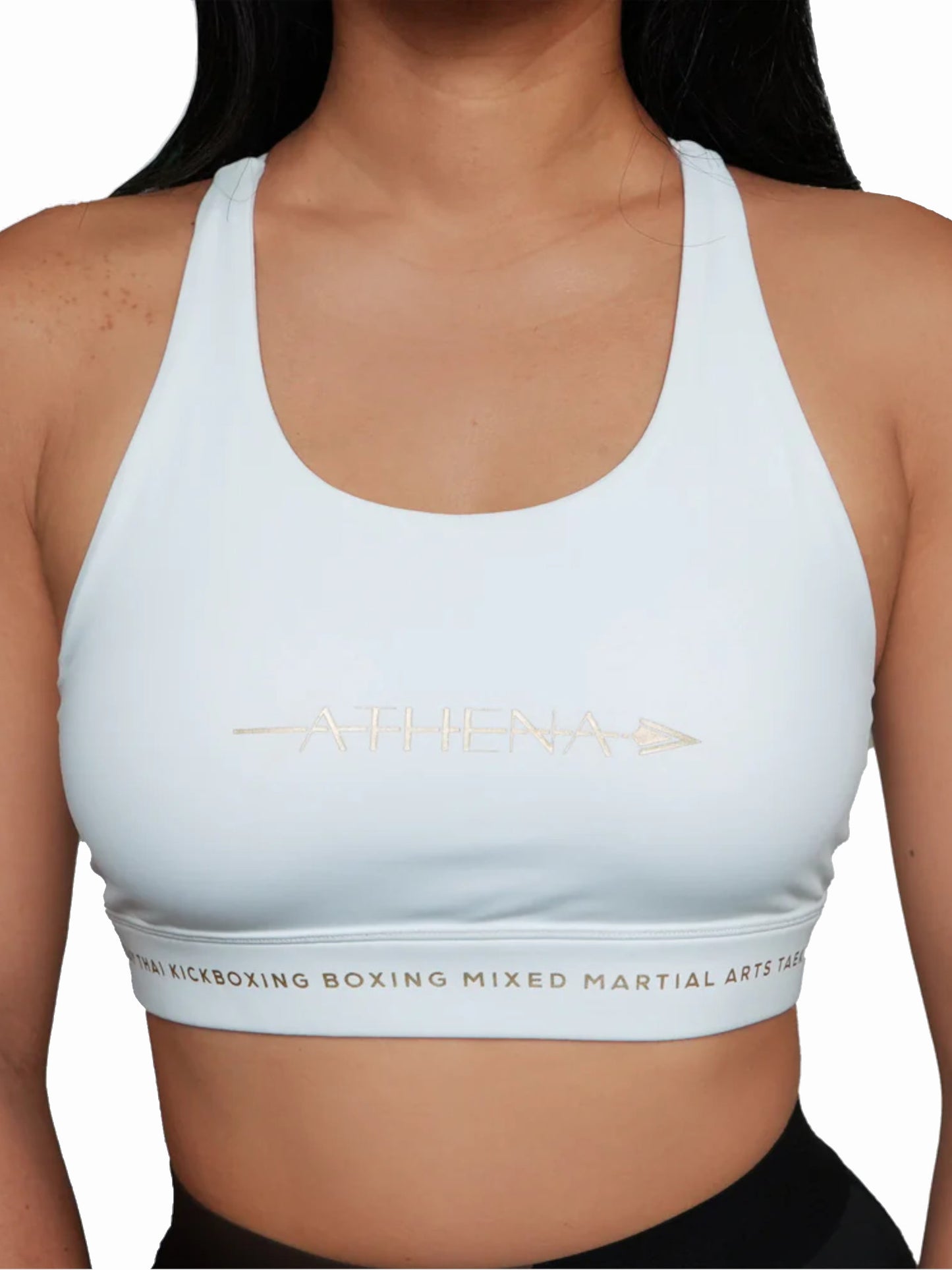 Thessalia v2.0 Damen Sport-BH in Weiß, Ansicht vorne, hoher Ausschnitt für Sparring Schutz