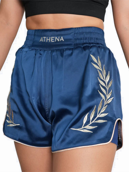 Athena Damen Muay Thai Shorts Navy-Gold, speziell für weibliche Körperform, Ansicht vorne